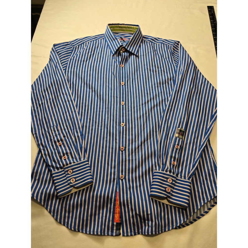 Robert Graham Button Down Shirt Mens M Blue White Stripe Excellent Tailored Fit